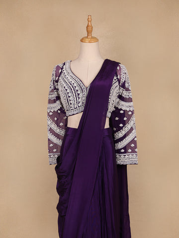 Dark Purple Embroidery Semi Silk Ready To Wear Saree with Designer Blouse - Diadem