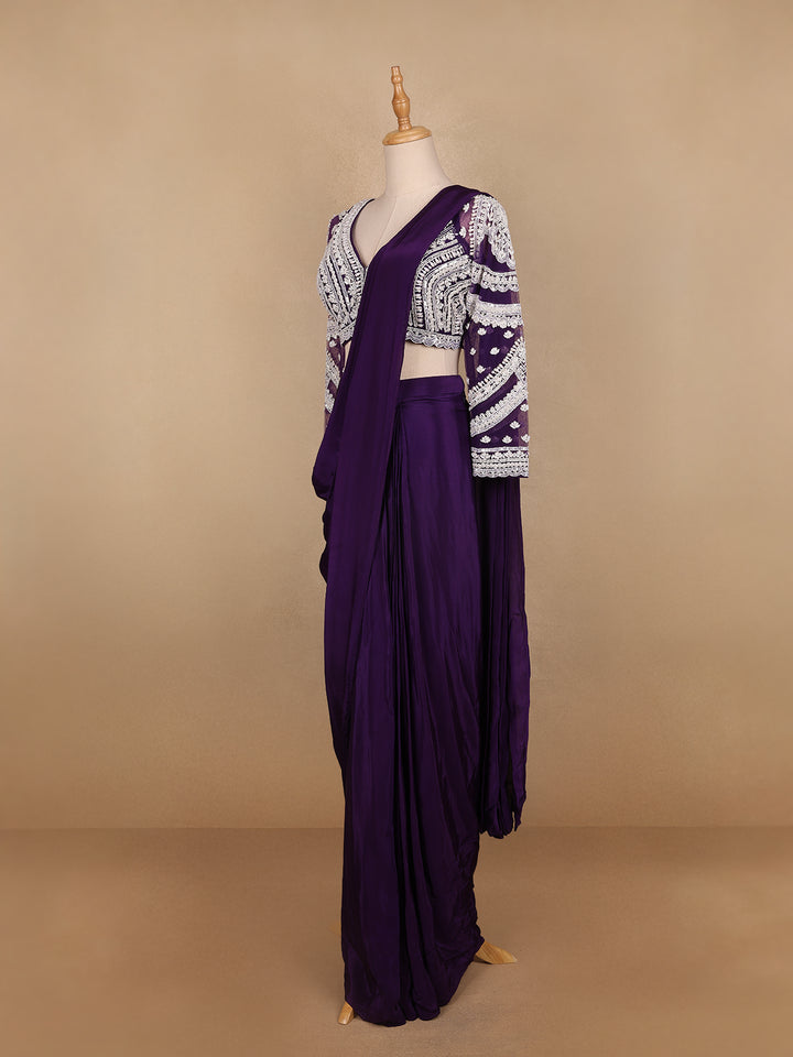 Dark Purple Embroidery Semi Silk Ready To Wear Saree with Designer Blouse - Diadem
