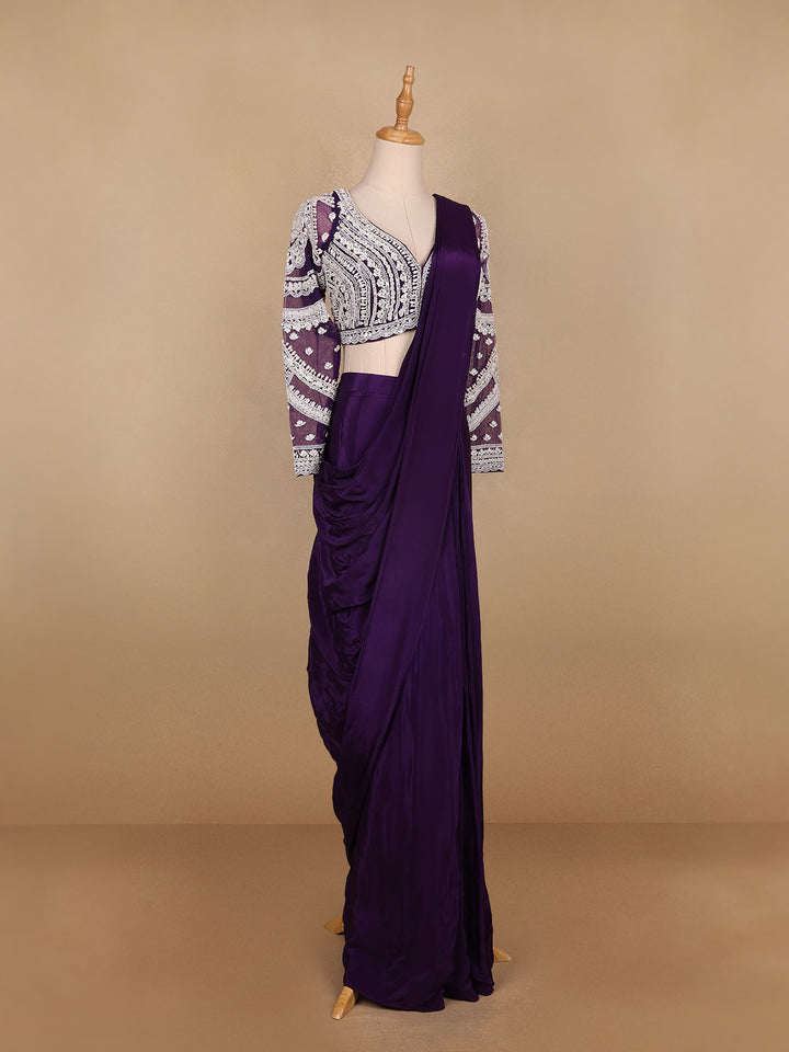 Dark Purple Embroidery Semi Silk Ready To Wear Saree with Designer Blouse - Diadem