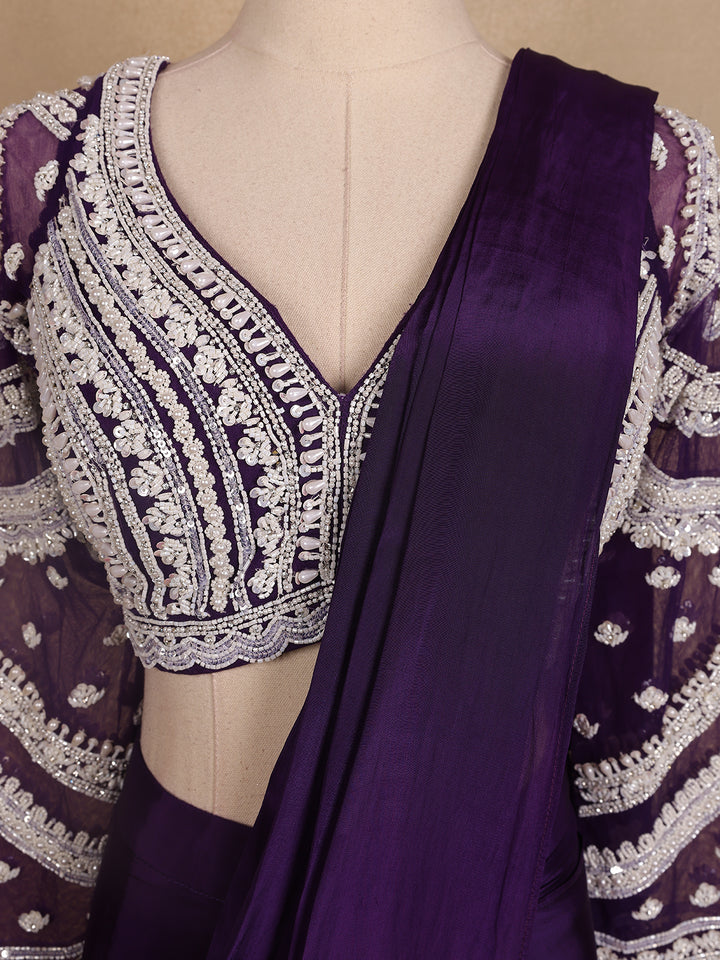 Dark Purple Embroidery Semi Silk Ready To Wear Saree with Designer Blouse - Diadem