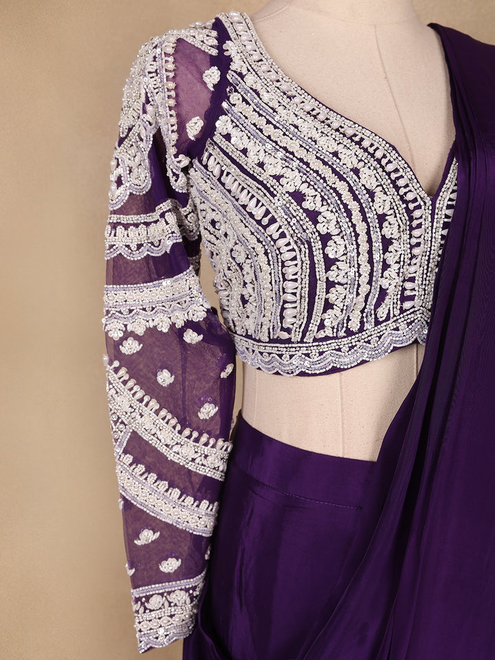 Dark Purple Embroidery Semi Silk Ready To Wear Saree with Designer Blouse - Diadem
