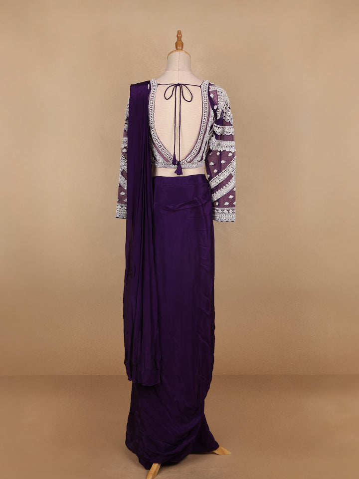 Dark Purple Embroidery Semi Silk Ready To Wear Saree with Designer Blouse - Diadem