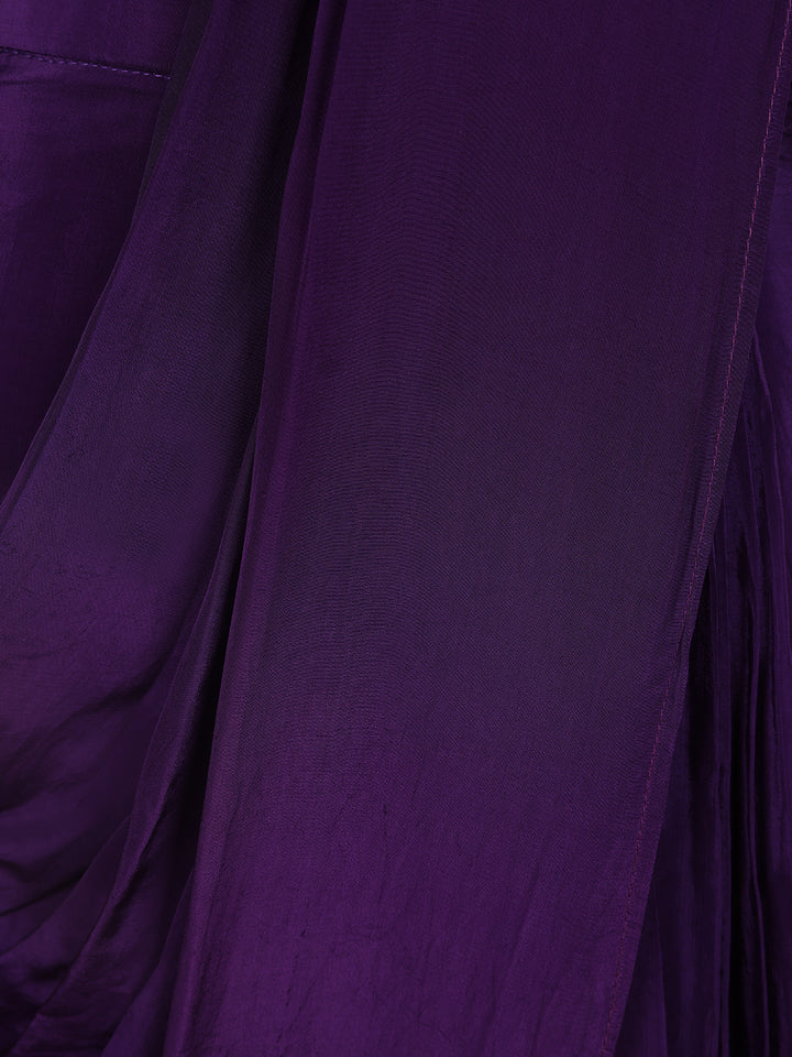 Dark Purple Embroidery Semi Silk Ready To Wear Saree with Designer Blouse - Diadem