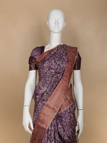 Dark Purple Floral Designed Chanderi Cotton Saree - Diadem
