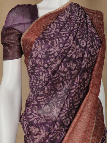 Dark Purple Floral Designed Chanderi Cotton Saree - Diadem