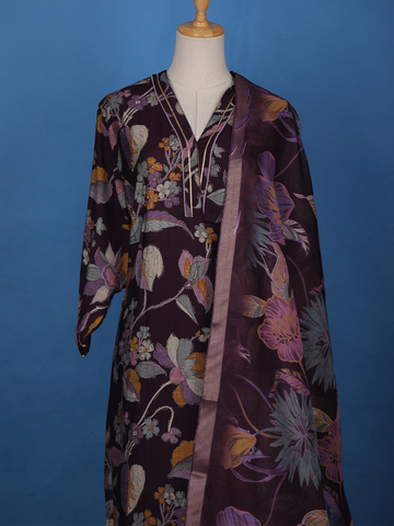 Dark Purple Floral Designed Cotton Salwar Suit - Diadem