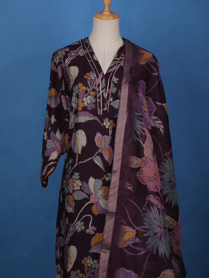 Dark Purple Floral Designed Cotton Salwar Suit - Diadem