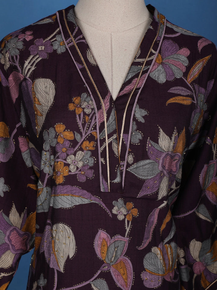 Dark Purple Floral Designed Cotton Salwar Suit - Diadem