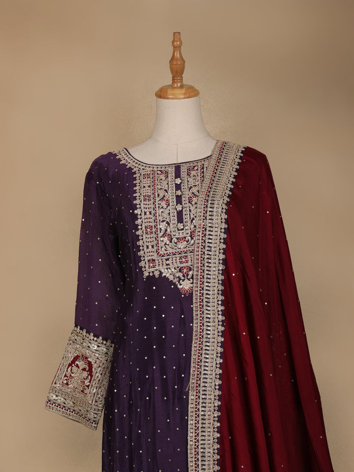 Dark Purple Floral Designed Crepe Anarkali Salwar Suit - Diadem