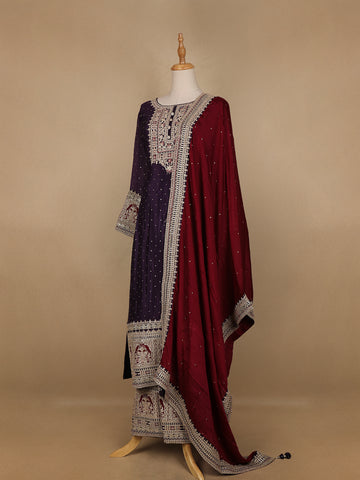 Dark Purple Floral Designed Crepe Anarkali Salwar Suit - Diadem