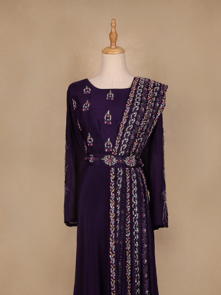 Dark Purple Floral Designed Crepe Gown - Diadem