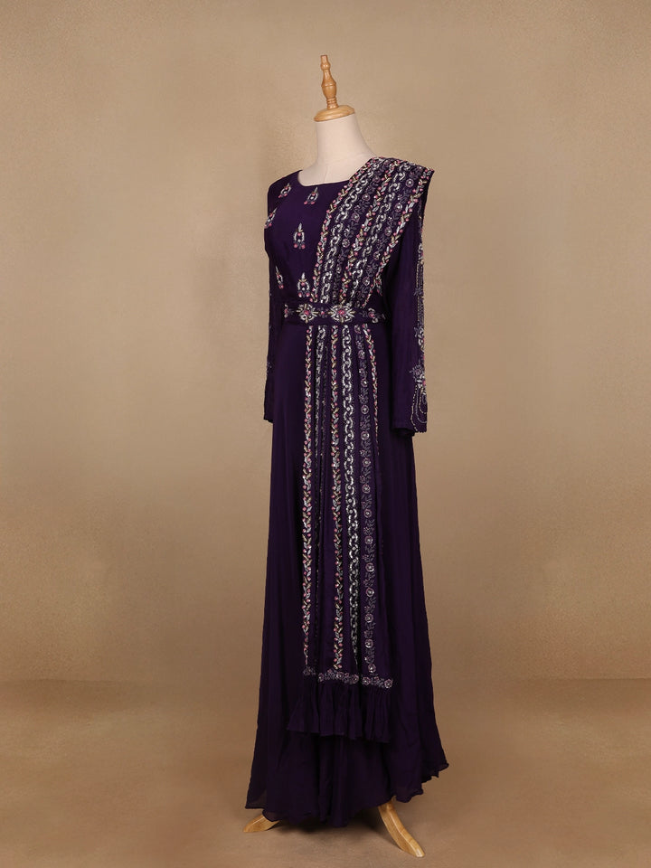 Dark Purple Floral Designed Crepe Gown - Diadem