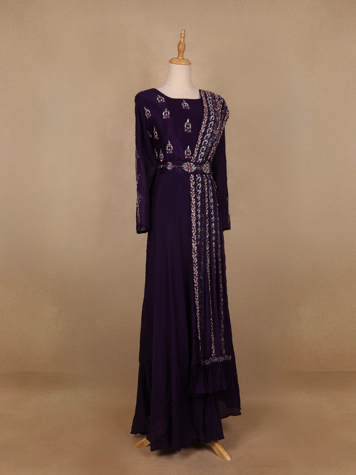Dark Purple Floral Designed Crepe Gown - Diadem