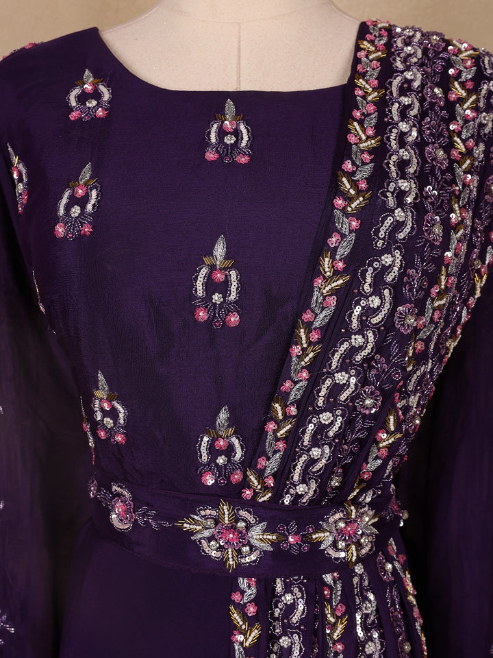 Dark Purple Floral Designed Crepe Gown - Diadem