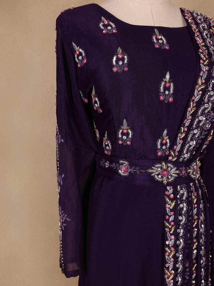 Dark Purple Floral Designed Crepe Gown - Diadem