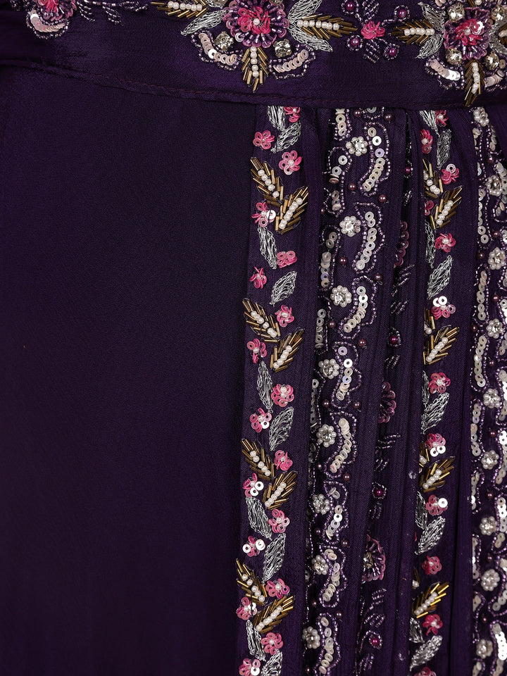 Dark Purple Floral Designed Crepe Gown - Diadem