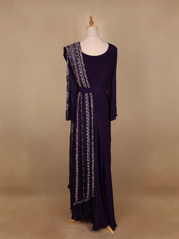 Dark Purple Floral Designed Crepe Gown - Diadem