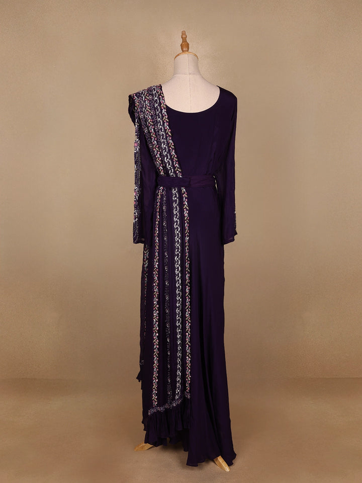 Dark Purple Floral Designed Crepe Gown - Diadem