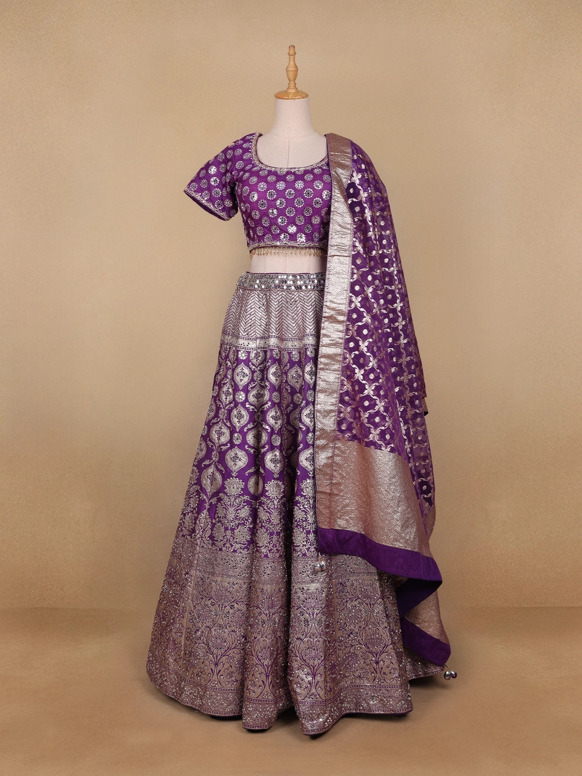 Dark Purple Floral Embroidered Banarasi Silk Lehenga for Bridesmaid - Diadem