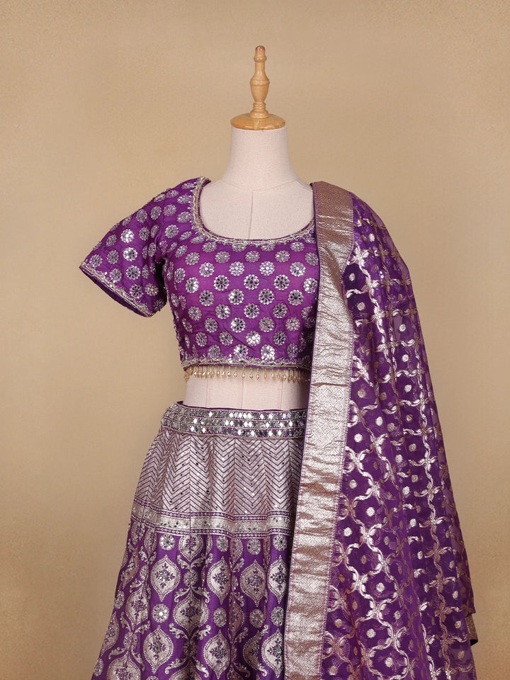 Dark Purple Floral Embroidered Banarasi Silk Lehenga for Bridesmaid - Diadem