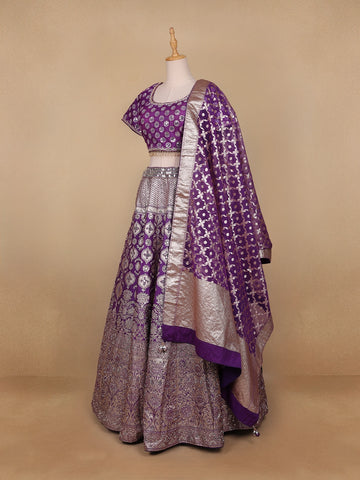 Dark Purple Floral Embroidered Banarasi Silk Lehenga for Bridesmaid - Diadem