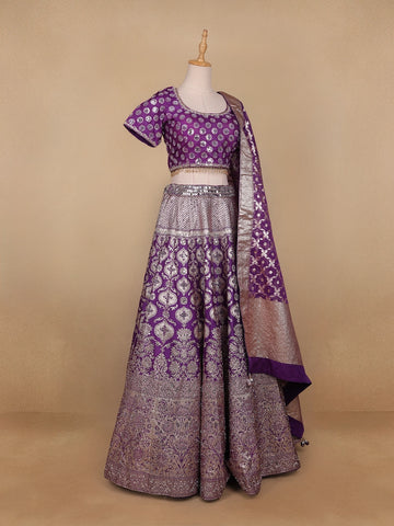 Dark Purple Floral Embroidered Banarasi Silk Lehenga for Bridesmaid - Diadem