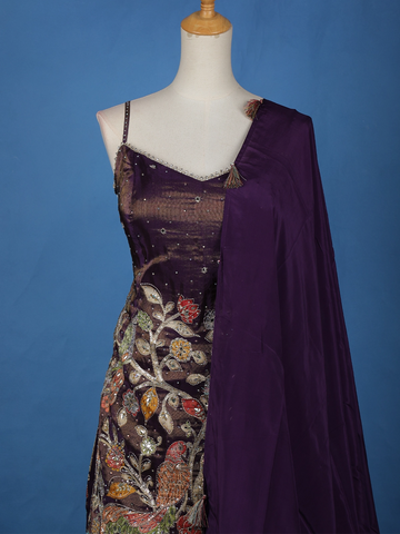 Dark Purple Floral Embroidery Tissue Silk Palazzo Salwar Suit - Diadem