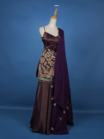 Dark Purple Floral Embroidery Tissue Silk Palazzo Salwar Suit - Diadem