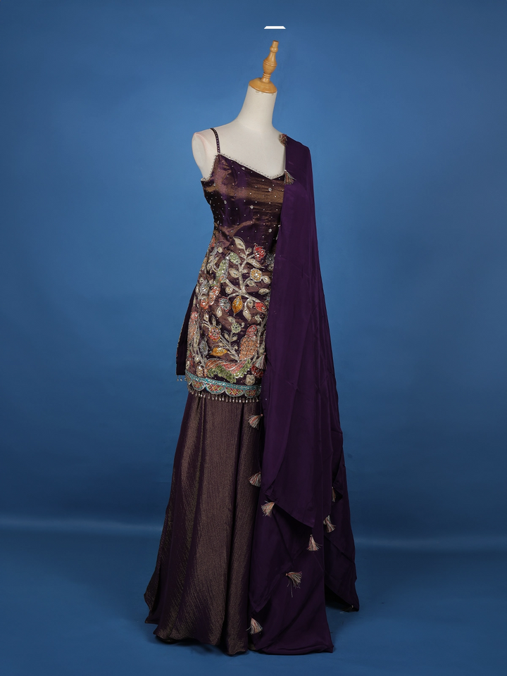 Dark Purple Floral Embroidery Tissue Silk Palazzo Salwar Suit - Diadem