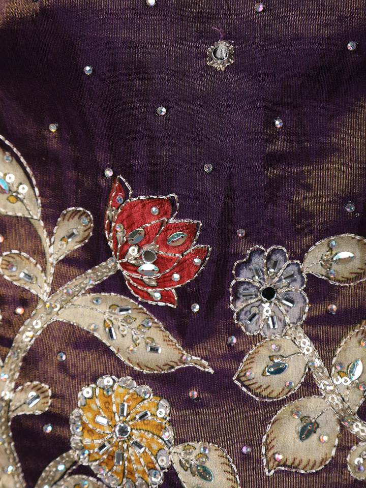 Dark Purple Floral Embroidery Tissue Silk Palazzo Salwar Suit - Diadem