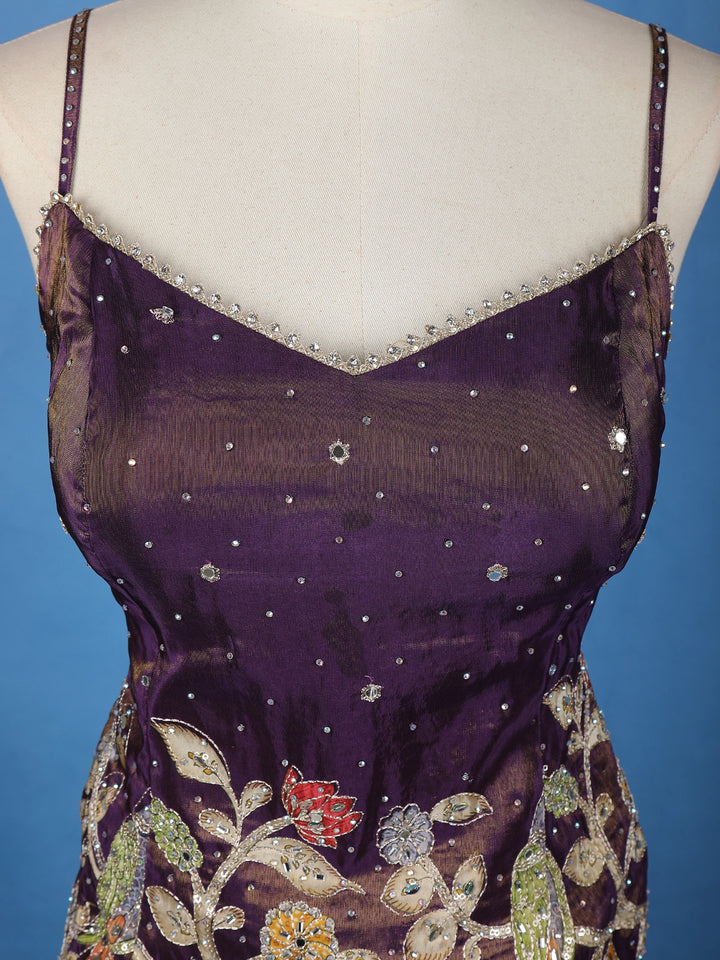 Dark Purple Floral Embroidery Tissue Silk Palazzo Salwar Suit - Diadem
