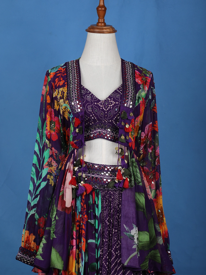 Dark Purple Floral Printed Chifforn Lehenga - Diadem