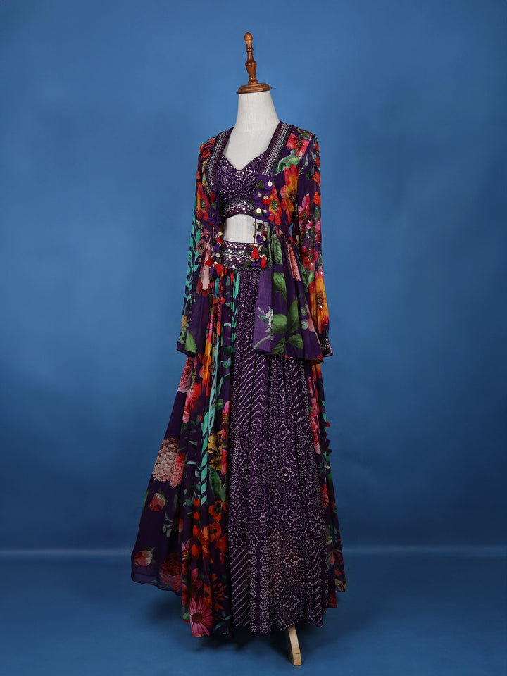 Dark Purple Floral Printed Chifforn Lehenga - Diadem