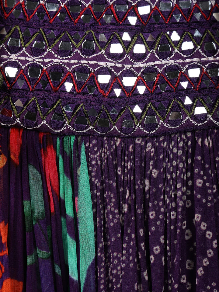 Dark Purple Floral Printed Chifforn Lehenga - Diadem