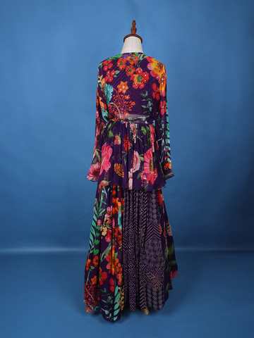 Dark Purple Floral Printed Chifforn Lehenga - Diadem