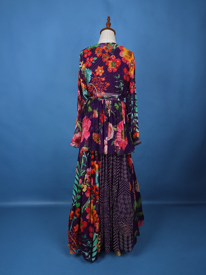 Dark Purple Floral Printed Chifforn Lehenga - Diadem