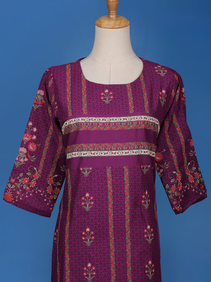 Dark Purple Floral Printed Semi Silk Kurti - Diadem