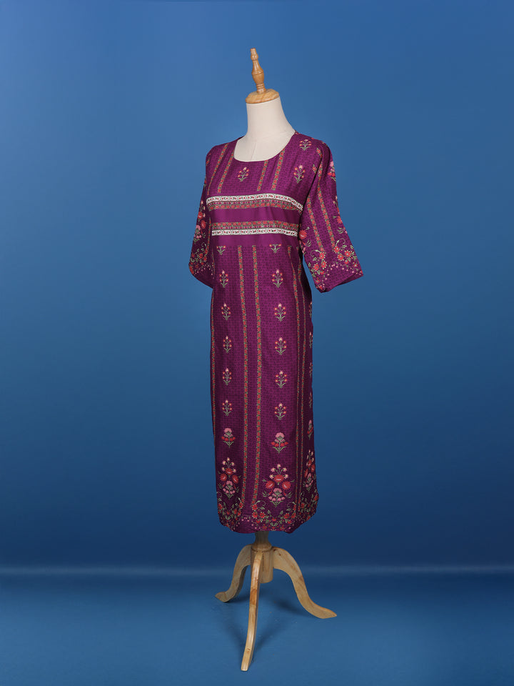Dark Purple Floral Printed Semi Silk Kurti - Diadem
