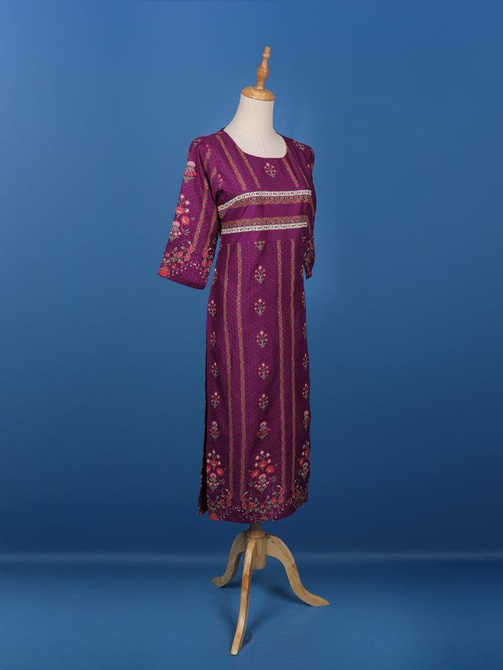Dark Purple Floral Printed Semi Silk Kurti - Diadem