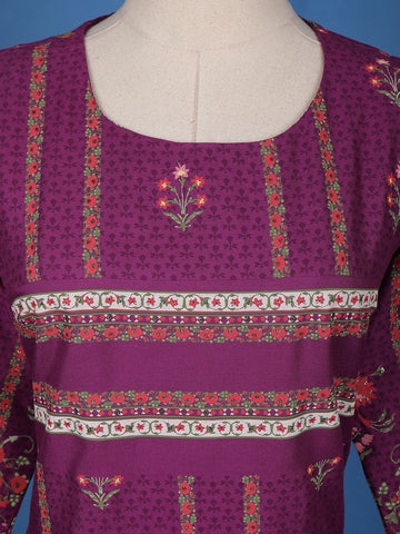 Dark Purple Floral Printed Semi Silk Kurti - Diadem