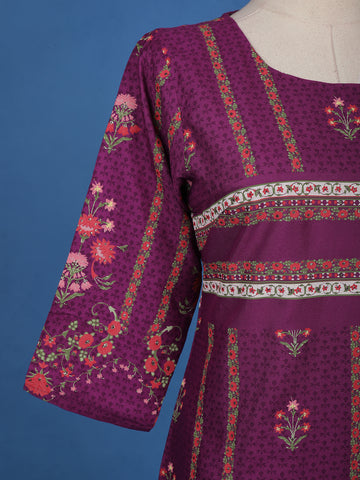Dark Purple Floral Printed Semi Silk Kurti - Diadem