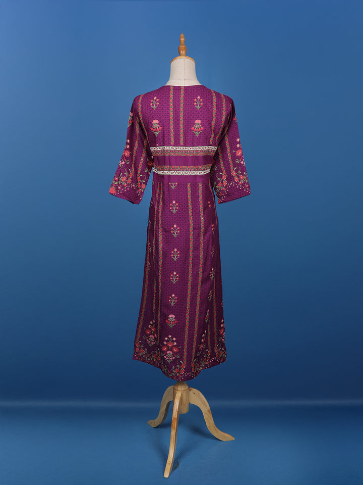 Dark Purple Floral Printed Semi Silk Kurti - Diadem