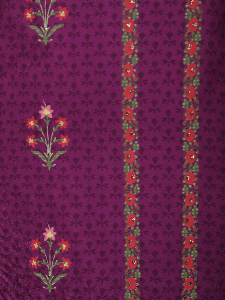 Dark Purple Floral Printed Semi Silk Kurti - Diadem