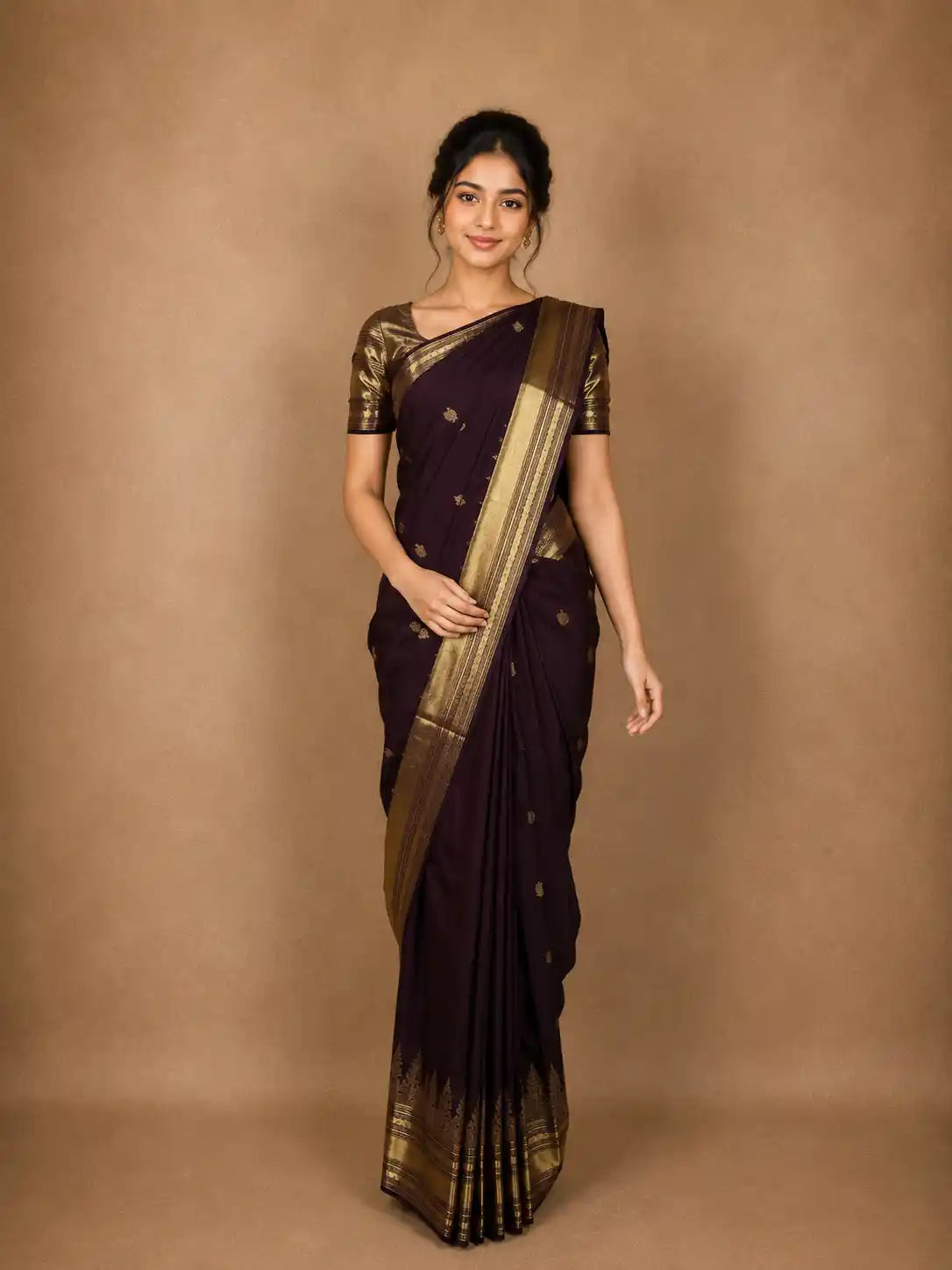 Dark Purple Peacock Butta Woven Design Pure Kanchipuram Silk Saree