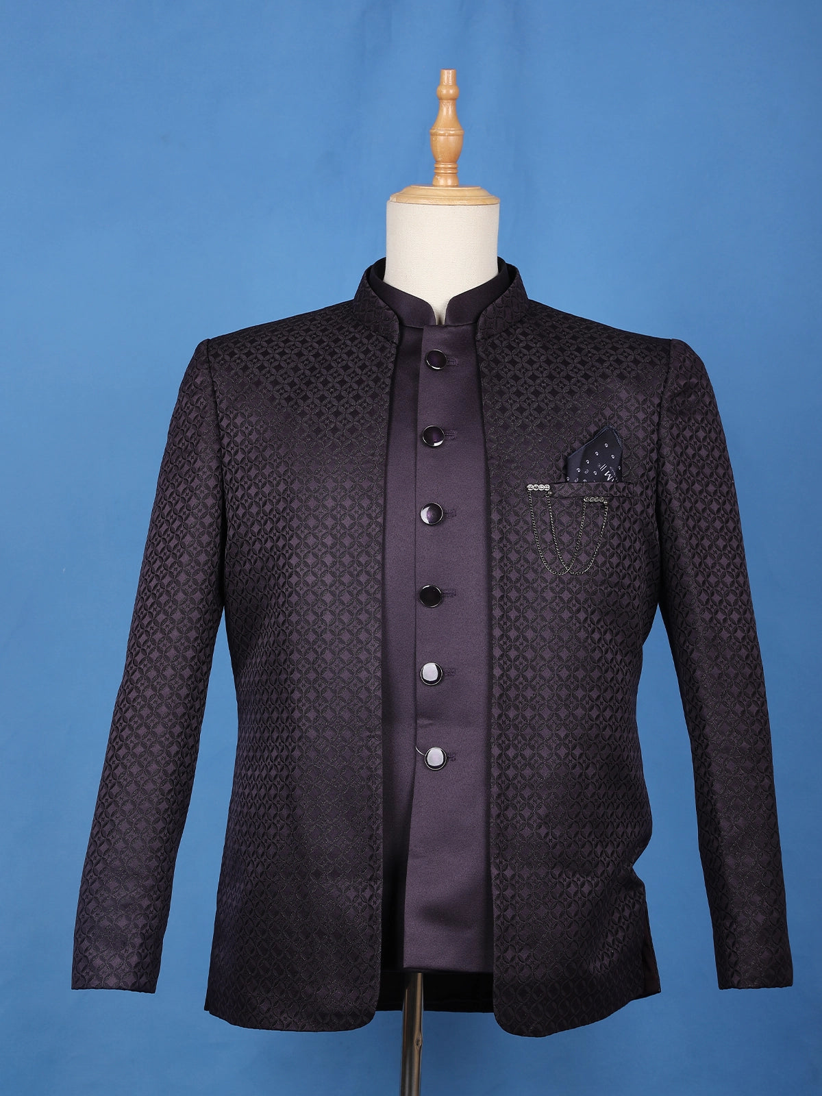 Dark Purple Textured Jacquard Men's Suit with Metallic Chain Brooch