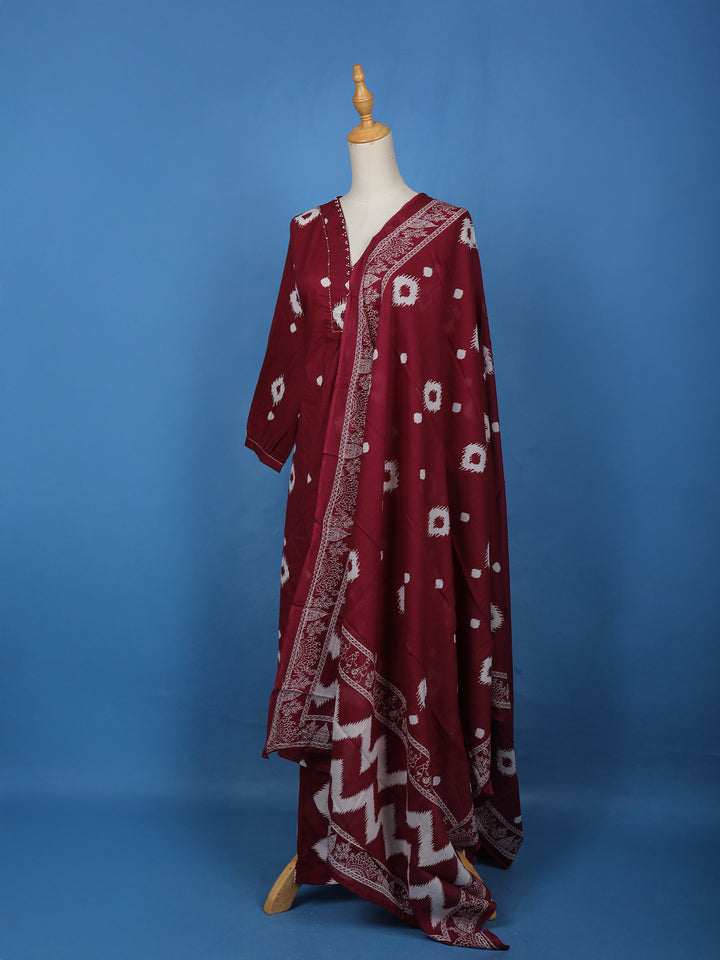 Dark Red Abstract Designed Cotton Salwar Suit - Diadem