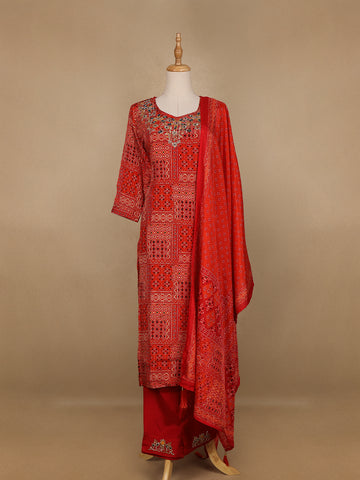 Dark Red Abstract Printed Semi Silk Salwar Suit - Diadem