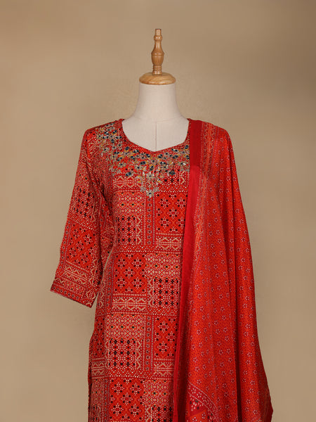 Dark Red Abstract Printed Semi Silk Salwar Suit - Diadem