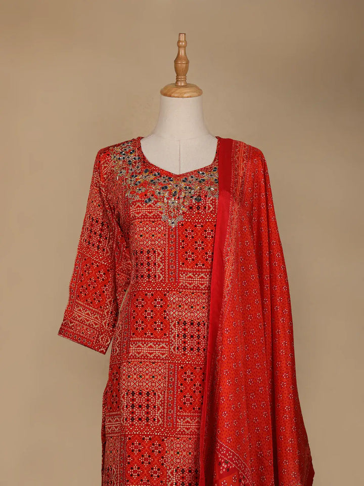 Dark Red Abstract Printed Semi Silk Salwar Suit - Diadem