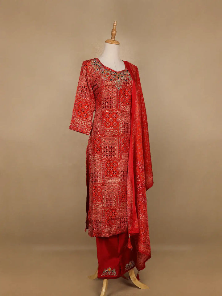 Dark Red Abstract Printed Semi Silk Salwar Suit - Diadem